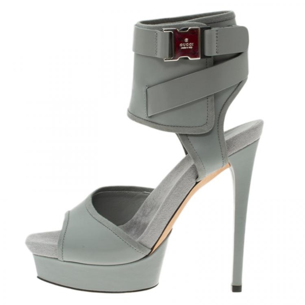Gucci Grey Leather and Fabric Gail Ankle Cuff Platform Sandals